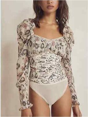 Free People Cream Floral Square-Neck Ruched Long Sleeve Top